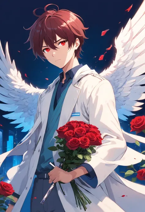 A young teenage man with straight hair is white with blood red eyes with a white outfit is blue with a large coat holding a sword of blue roses with wings