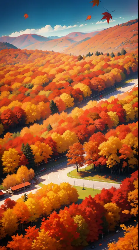 autumn color, army of colorful forest, invade a city, hallucination, dreamlikeart, scattering red leaves, panorama