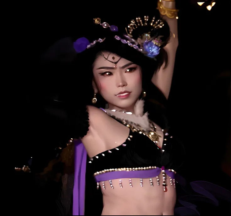 Black fox spirit incarnated as a beauty, Dressed in purple ribbons and headdresses, she is dressed as a belly dancer, black and violet costume, Belly dancing, inspired by Li Mei-shu, tai costume, gracefully belly dancing pose, The mouth opens slightly，Show...