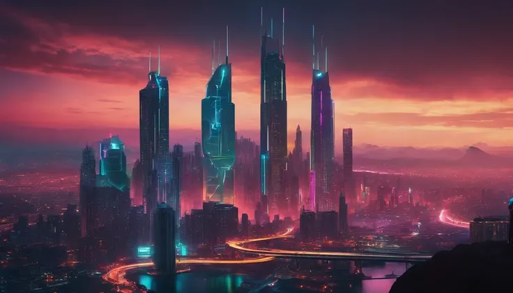 (obra prima) cidade no estilo cyberpunk, illuminated sky, neon light, imagem vista do zero, paisagem ampla, cidade futurista