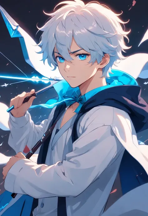 A young teenage man with white curly hair and vibrant blue eyes in a white outfit is blue with a large black and white coat holding a bow is blood arrow