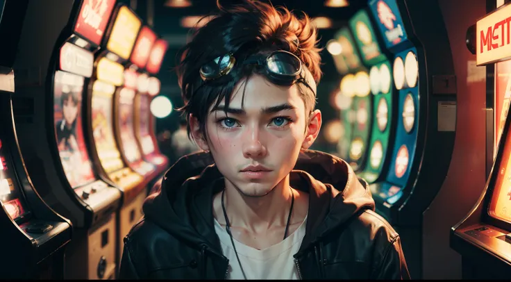 Vintage 90s anime style,retro.anime teenager boy with bandage on nose wearing steampunk goggles wearing hoodie ,in a arcade, sci-fi. , surreal.