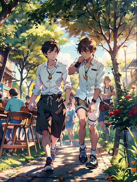 2boys,11 only、(Mans :2),(bobhair:1.5)、A dark-haired、Brown hair、Cutter shirt、chum、cafes、Trees、Sunlight、Clouds,Natural lighting、hightquality、masutepiece,8K,hight resolution、