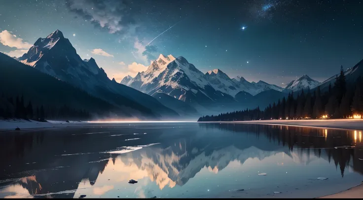 paisaje de playa, cielo estrellado, nebulosa, luna brillante, nubes brillantes, mountains in the distance, Tall trees, cottages