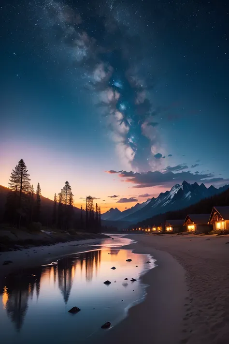 paisaje de playa, cielo estrellado, nebulosa, luna brillante, nubes brillantes, mountains in the distance,  Tall trees, cottages