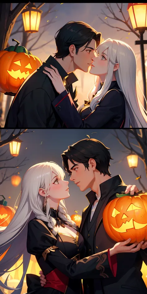 A handsome man and a beautiful witch woman kiss under a flying pumpkin lantern