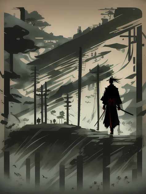 illustration, japanese vibe, samurai, dark, silhouette, cold