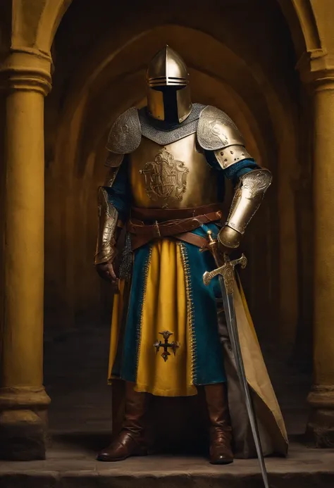 templar knight, hiper realista, armadura adornada em ouro, espada linda e reluzente, escudo em punho, medieval setting, vestes verde amarela e azul.