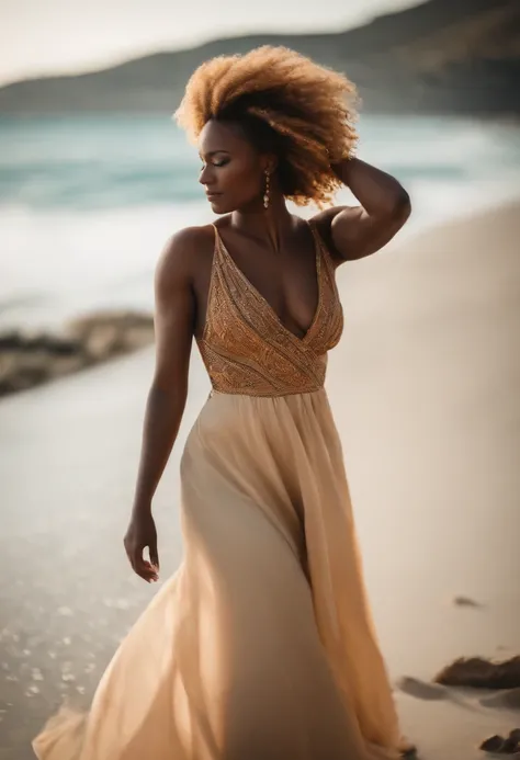 Femme africaine de 30 ans aux belles courbes sensuelles, dans une robe moulante sexy couleur arc-en-ciel, aux cheveux blonds, les yeux bleus sur une plage au bord de la mer