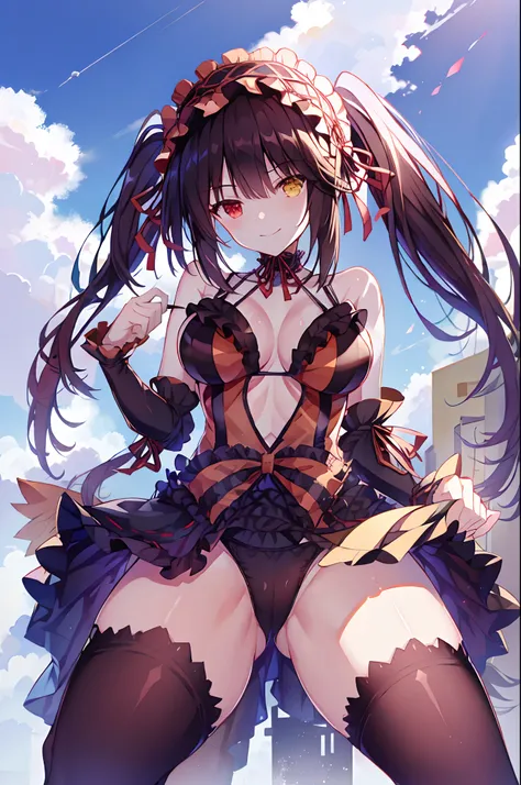 Kurumi tokisaki, date a live, 1girl, young, bare shoulders, black hair, blue sky, breasts, choker, clock eyes, cloud, cloudy sky, day, ((swimsuit)), ((full body swimsuit)), thighs, beach, hairband, heterochromia, (large breasts), lolita fashion, lolita hai...