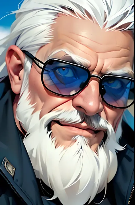 (best quality,alto,Realistic,1.2),retrato,an old man with a long white beard and white hair wearing sunglasses and a blue parka,com olhos azuis brilhantes,um sorriso pateta,a serious expression,uma atmosfera sombria e misteriosa, sorriso pateta