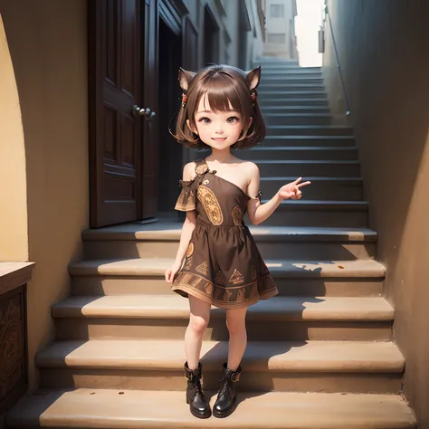 ​masterpiece、top-quality、ultra-detailliert、1 Chibi character、Sauvage Hair、A smile、(brown　jasper　patterns　AB　Shoulder Dress:1.4)，Standing、stairway