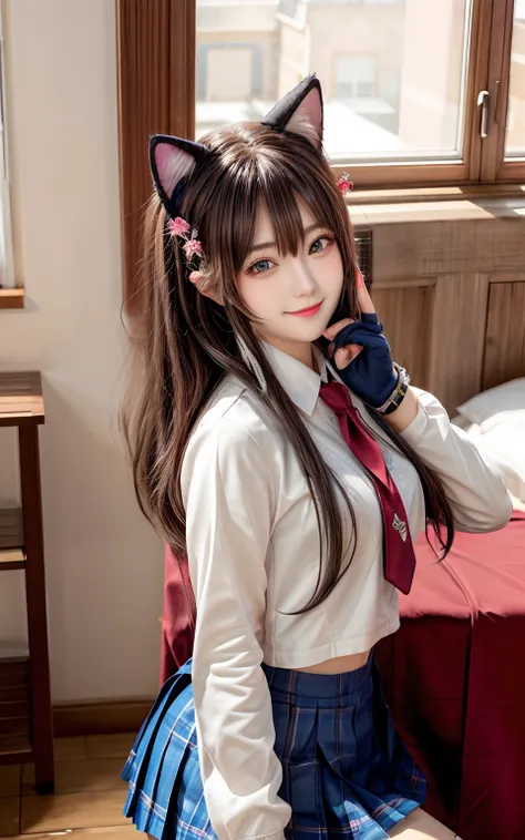 (masterpiece, best quality), 1 beautiful girl, cat ears, smile, slim body, (school uniform:1.1), (detailed beautiful eyes), paw gloves, bedroom, indoors,