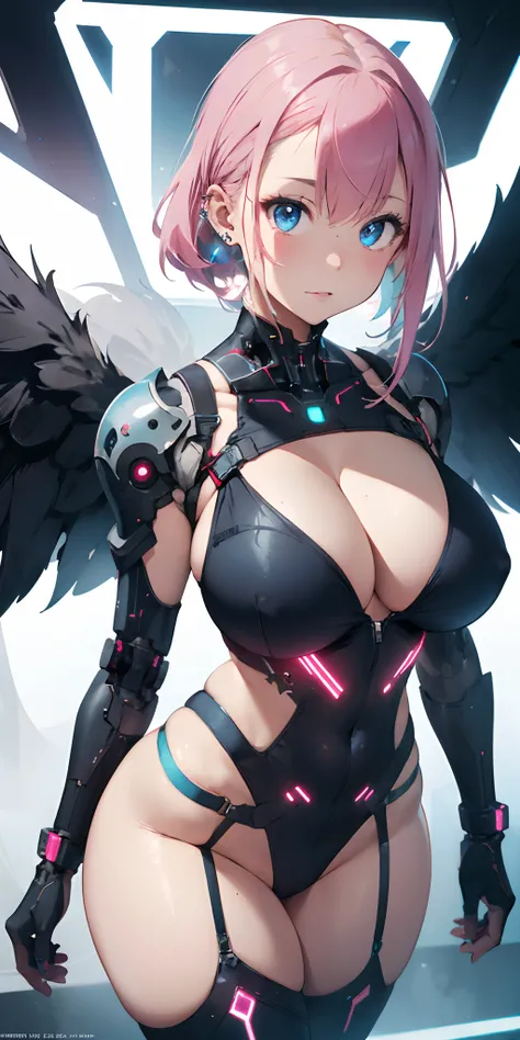 The most beautiful and sexy futuristic cyberpunk girl, pink hair, blue eyes, wearing highly detailed futuristic battle armor, cybernetic angel wings, glowing neon halo, huge gigantic tits, cleavage showing, tons of tattoos and piercings, futuristic graffit...