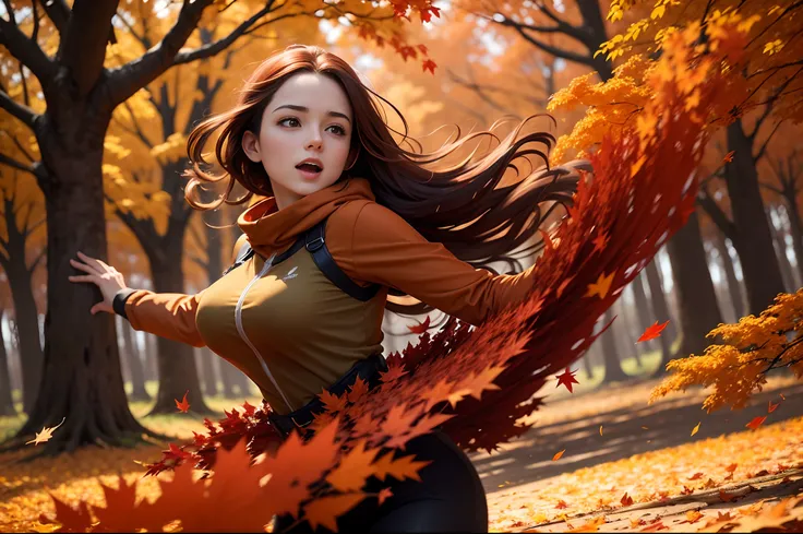 Maple trees with red leaves, Autumn, young woman running happily in middle of a swarm of falling yellowish and russet leaves on the air, dynamic scene, highly detailed.