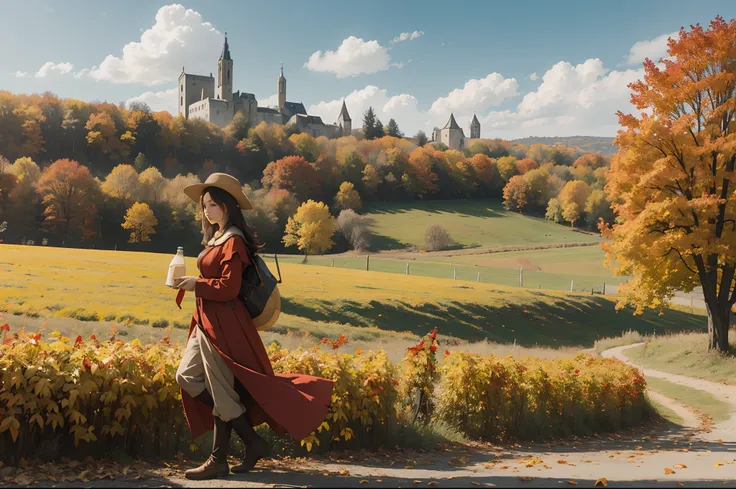 Fall season, red and yellow trees, a medieval peasant girl walking on a field in France, holding a recipient with milk, medieval town on the background, Autumn, fallen leaves on the ground, earthy tones palette.