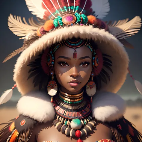 a woman wearing a headdress made of feathers and beads, a photorealistic painting by Bruce Onobrakpeya, behance contest winner, afrofuturism, behance hd, rich color palette, daz3d