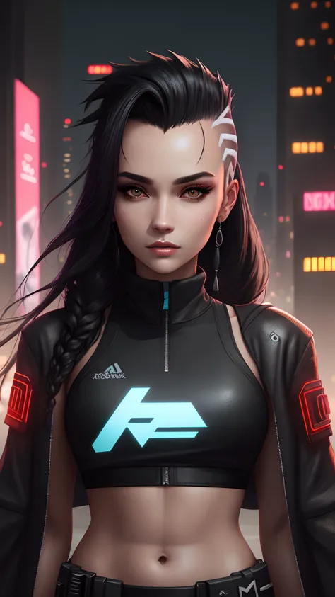 , portrait of sexy Onyx wearing crop_top, cropped_jacket,midriff, cornrows,mohawk,long_hair,black_hair, cyberpunk,night city, beautiful face,perfect face,symmetric,detailed face,close-up, Unreal Engine, solo,1girl, photo shoot,profes...