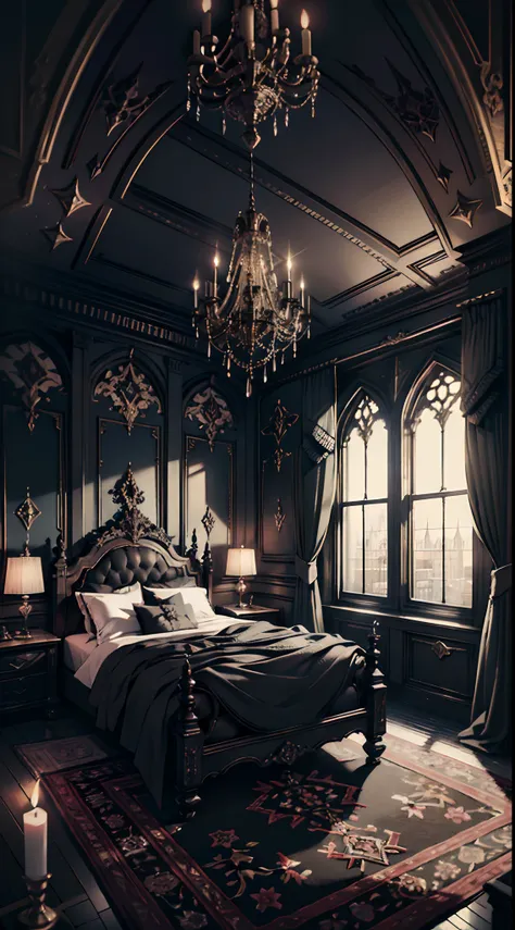 Photography, Bedroom, Gothic living room, Gothic, Dim light, Gargoyles, Dark curtains, waxy candles, Satan painting, decorations, carpet, dawn,