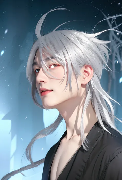 Fantasy photo of a handsome young boy with white hair and red eyes, looking at the viewer, a silver haired mad, hajime yatate, white haired deity, [[[[grinning evily]]]], silver haired, he has dark grey hairs, handsome japanese demon boy,