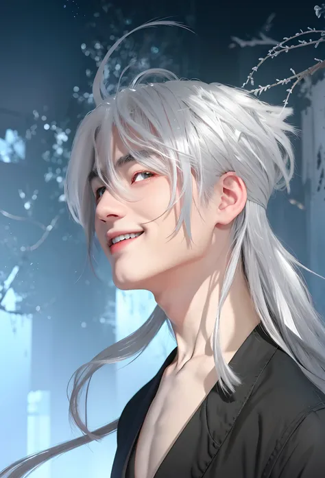 Fantasy photo of a handsome young boy with white hair and red eyes, looking at the viewer, a silver haired mad, hajime yatate, white haired deity, (grinning evily), silver haired, he has dark grey hairs, handsome japanese demon boy,