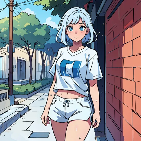 Drawing a girl blue and white hair, In white shorts,  The shirt, Full body, full of sweat,