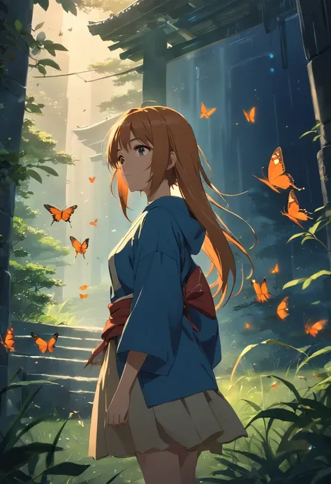 (Ancient Japan:1.2),(Best quality,A high resolution,Masterpiece:1.2),(cinematic Film still from),(Dark atmosphere:1.4),(1girll),(Orange semi-long hair and an 18-year-old girl:1.2),(There is a flock of butterflies around),(Swallowtail butterfly),(up-close),...