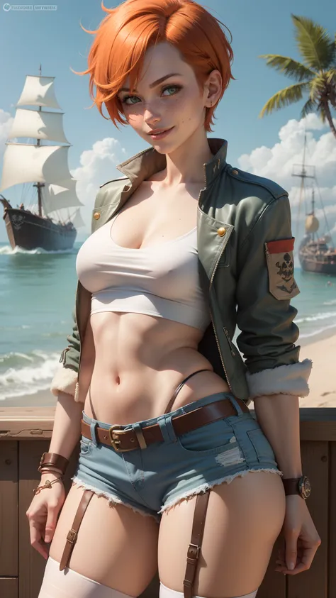 gwen tennyson,tracer,rebecca chambers, mordred,pirate outfit,beach,teenager, green eyes,garter belt,striped panties, short hair,orange hair,pirate ship,shy smile,ginger,white striped top,denim micro shorts,freckles,redhead,beautiful girl,stockings,large br...