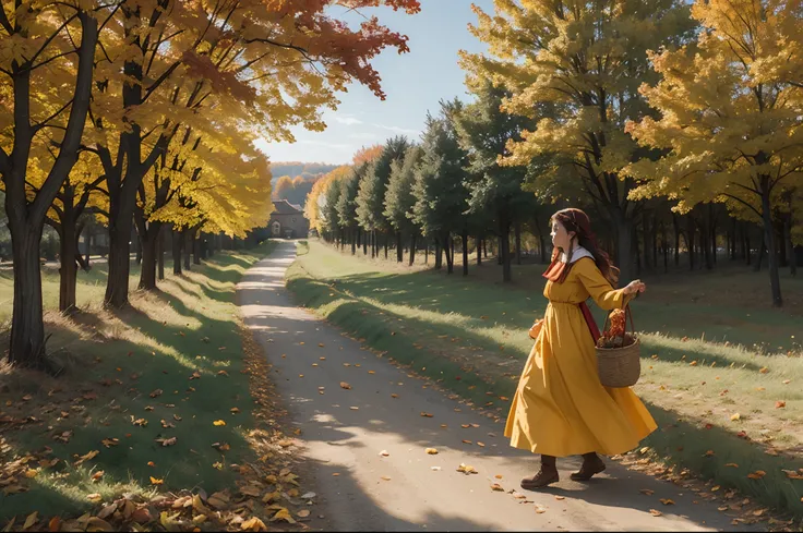 Fall season, red and yellow trees, a medieval peasant girl walking on a field in France, holding a recipient with milk, medieval town on the background, Autumn, fallen leaves on the ground, earthy tones palette.