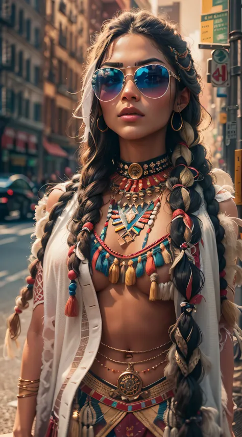 A very realistic and highly detailed portrait of a beautiful Native American woman wearing sunglasses in the future New York City , full-body , ((Zendaya is a Native American woman)) , Indigenous dress  , long  hair, Hand and body tattoos, Fashion pose, Be...