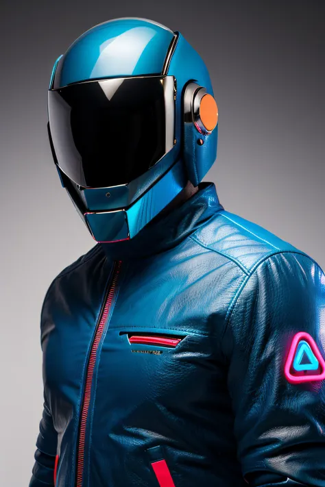 las marcas de la chaqueta convierte en triangulos azul neon, agrega un  cibercasco realista del estilo daftpunk pero mas rudo e intimidante