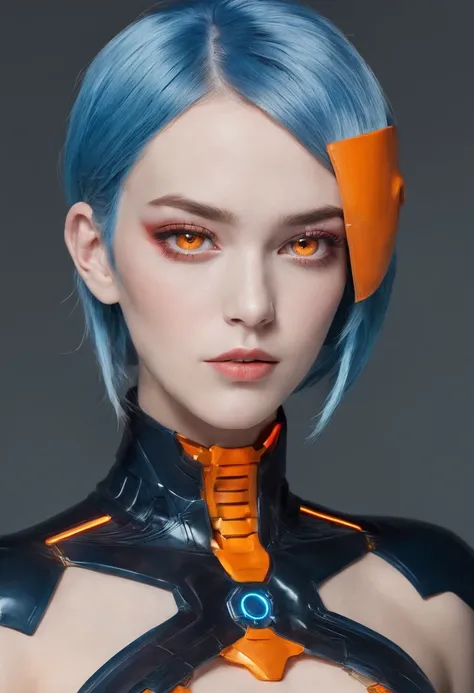 cyborg style, 1girl, solo, orange eyes, blue hair, science fiction, breasts, high quality, high resolution