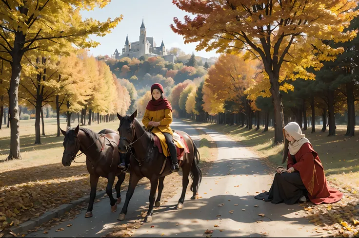 autumn season, red and yellow trees, Una campesina medieval caminando por un campo en Francia, sostener a un recipiente con leche, Ciudad medieval al fondo, autumn, Fallen leaves on the ground, Paleta de tonos terrosos.