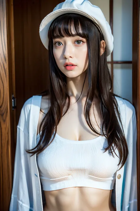 top-quality、超A high resolution、(Photorealsitic:1.4)、1girl in、Solo、Cute Japan Woman、length hair、A dark-haired、blue eyess、((Hats、croptop、Underpants、Manteau blanc))、