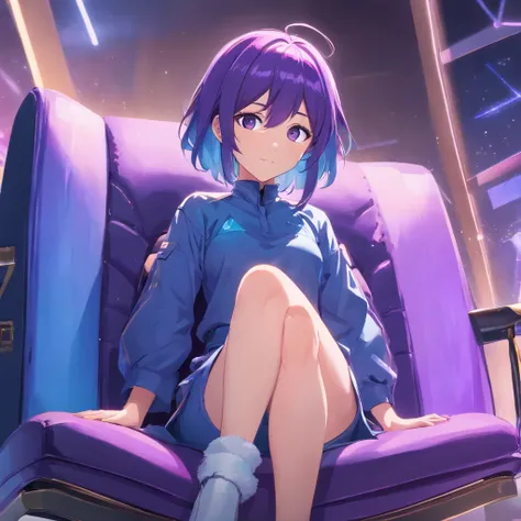 Purple and blue hair,Blue and purple gradient eyes,Sitting on a heaven chair with legs crossed,face perfect,happy look,Queen style costumes,girl with,Light coming in from the right,cyan and black clothes, Avoid quirky colors and unnatural shapes,