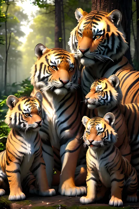 um tigre((bicho)fêmia)) ( um tigre(macho))with three cubs in the forest,perto de um riacho ao fundo,hiper realista,3d,8k, fantasia, alta resolução、(Fotorrealista:1.4),Highly detailed and professional lighting、