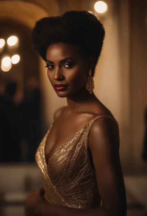 grain du film, photographed with a Sony a9 II mirrorless camera, style analogique, beau, Masterpiece, beste-Qualit, Aamari, A woman in an evening dress looks at the camera, le jour, very dark skin, extremely detailed face, Tir de buste, perfect  lighting