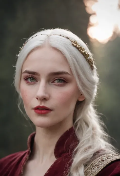 (((A deep, red wound crosses her left cheek))) White complexion, Women around 19 years of age, Natural white hair, Unique green eyes, Wearing a call, Slender and elegant, beautiful, Candles in the Middle Ages, ultra sharp focus, Realistic shots, Medieval w...