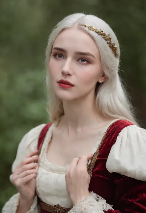 (((A deep, red wound crosses her left cheek))) White complexion, Women around 19 years of age, Natural white hair, Unique green eyes, Wearing a call, Slender and elegant, beautiful, Candles in the Middle Ages, ultra sharp focus, Realistic shots, Medieval w...