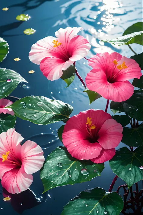 hibiscus Moon with water drops,neon glow, random background, sun rise, bokha mood