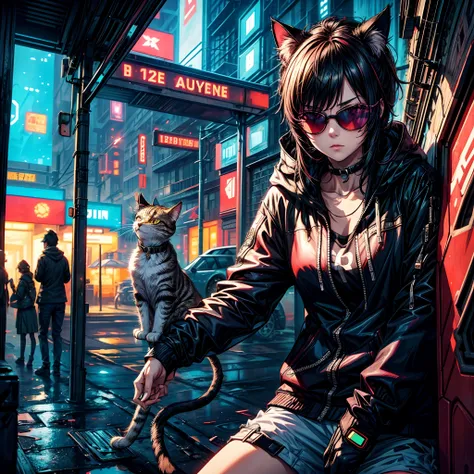 Cat with the sunglasses in the cyberpunk