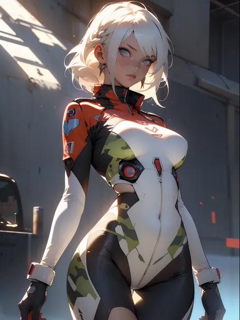 ((Best quality)), ((Masterpiece)), (Detailed: 1.4), (Absurde), Female fighter pilot ready for war with military bikini, marin, dark skinned, Sculpted body defined, corps entier, Cuisses nues, mouth closed,  Cyberpunk, half-naked, generous neckline, ((Perfe...