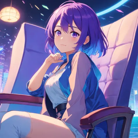 Purple and blue hair,Blue and purple gradient eyes,Sitting on a heaven chair with legs crossed,face perfect,happy look,Queen style costumes,girl with,Light coming in from the right,cyan and black clothes, Avoid quirky colors and unnatural shapes,