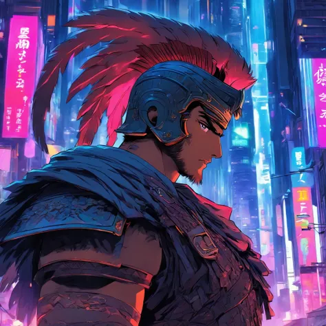 a roman soldier from romance emporer in cyberpunk city