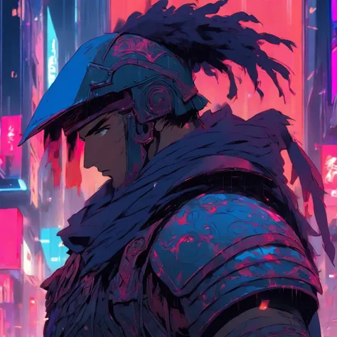 a roman soldier from romance emporer in cyberpunk city