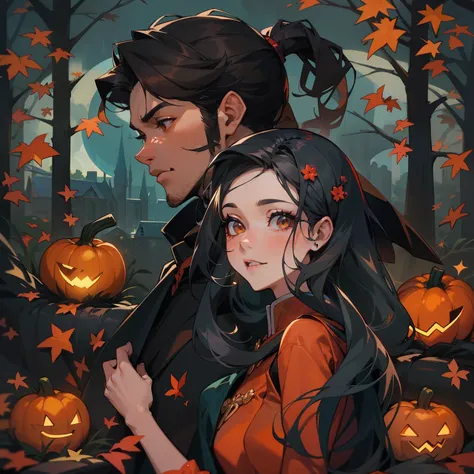 A Handsome man and a beautiful witch woman，In the moonlight，kisses，hugs，beautiful witch womanwith ponytail Black color hair， which women wearing Emerald costume detailed hair，effeminate，Be red in the face，mans wearing a black suit，man with brown hair and B...