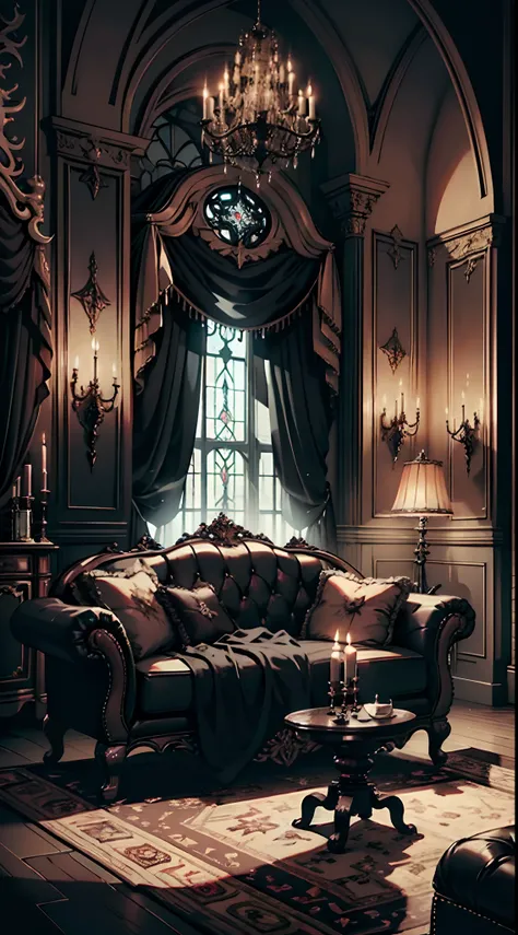 Photography, sofa, tea table, Gothic living room, Gothic, Dim light, Gargoyles, Dark curtains, waxy candles, Satan painting, decorations, wooden floor, dawn, dark night