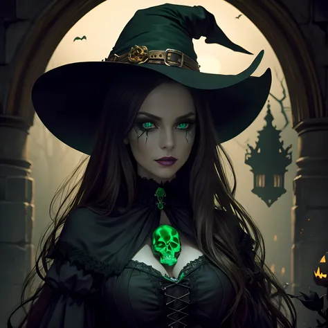 hight resolution, incredible detailed, Beautiful, Halloween, Woman dressed as a witch,  Green eyes, Woman with skull,4K Graphics,