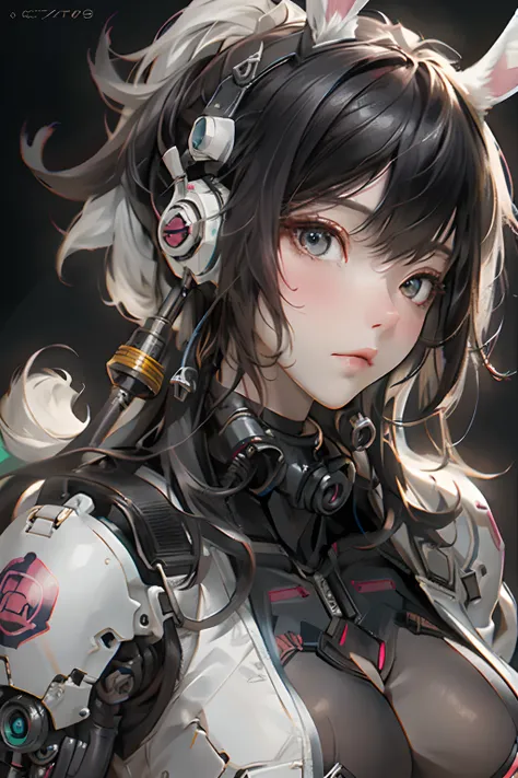 ((beste-Qualit)),Fille cyborg dans le style cyborg，cheveux gris，Coiffure longue queue de cheval，Wear headphones in the shape of rabbit ears and a gas mask，The gas mask has a green light on the surface，dressed in a white suit，There are long strips of pink l...