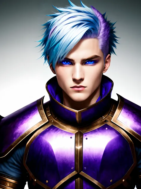 (extremely detailed 8k wallpaper) A 22 year old male in full plate armor with blue eyes, white skin, blue hair and steaks of purple hair.